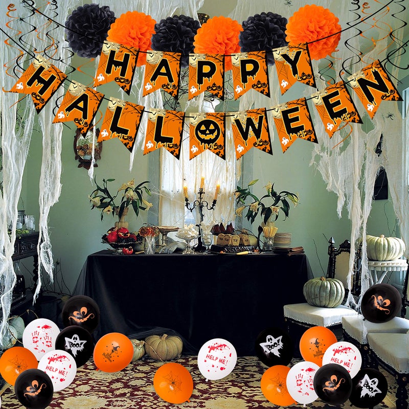 Moon Boat 62PCS Halloween Party Decorations Set - Hallowmas Photo Booth Props Banner Balloons Pom Poms Hanging Swirls Spider Pumpkin Ornaments Supplies - Image 2